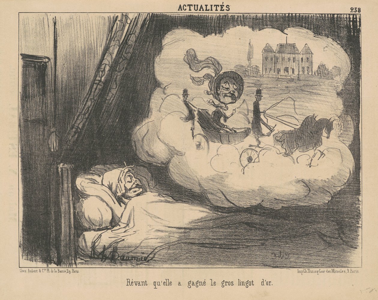 Träumend, dass sie den großen Goldbarren gewonnen hat von Honoré Daumier