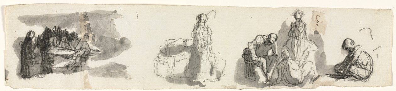 Blatt mit Studien einer Gruppe von vier Figuren rechts, Skizzen verschiedener Figuren von Honoré Daumier