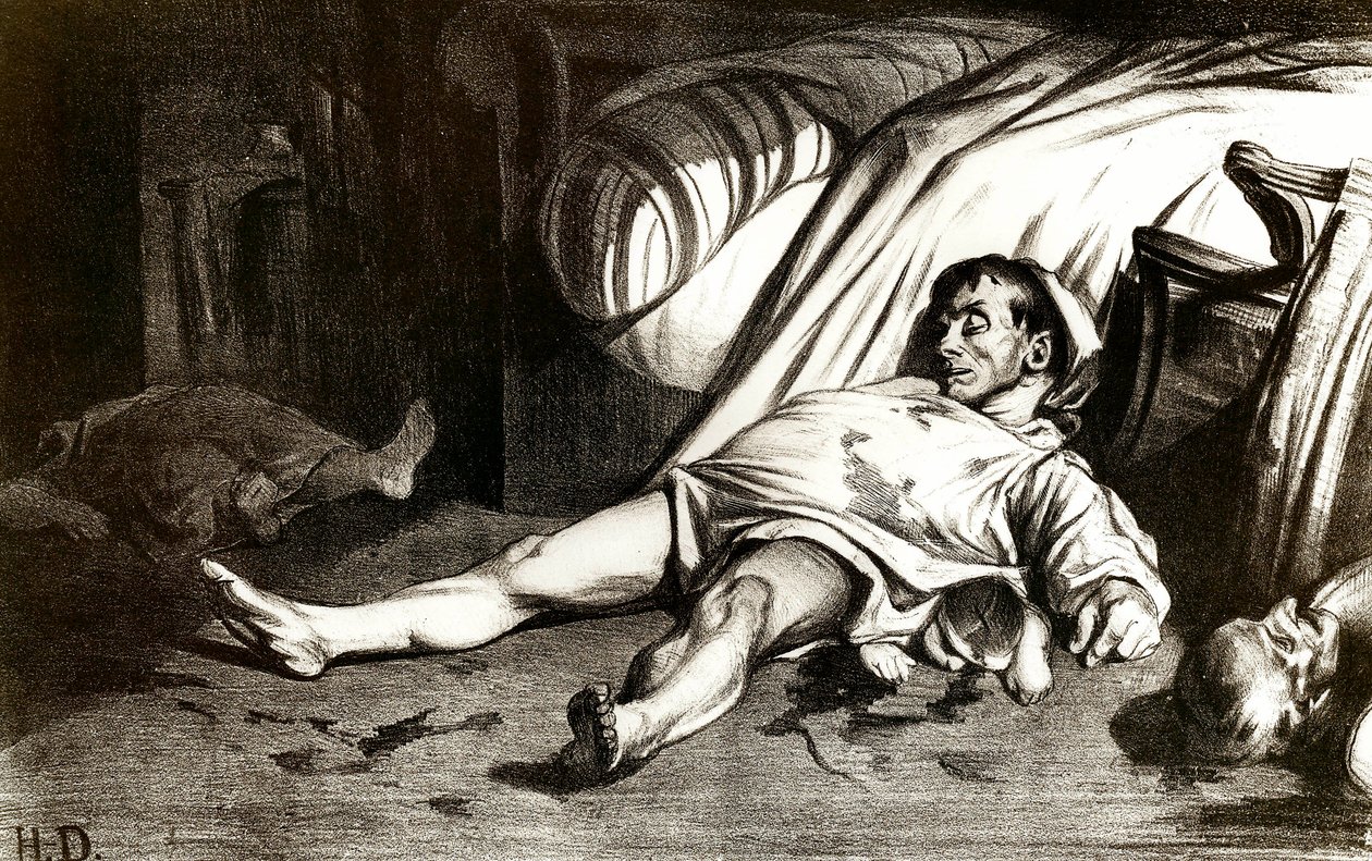 Das Massaker der Rue Transnonain am 14.04.1834: Das Militär massakriert die Bewohner des Gebäudes 12 Rue Transnonain in Paris. Lithographie von Honore Daumier. Private Sammlung von Honoré Daumier
