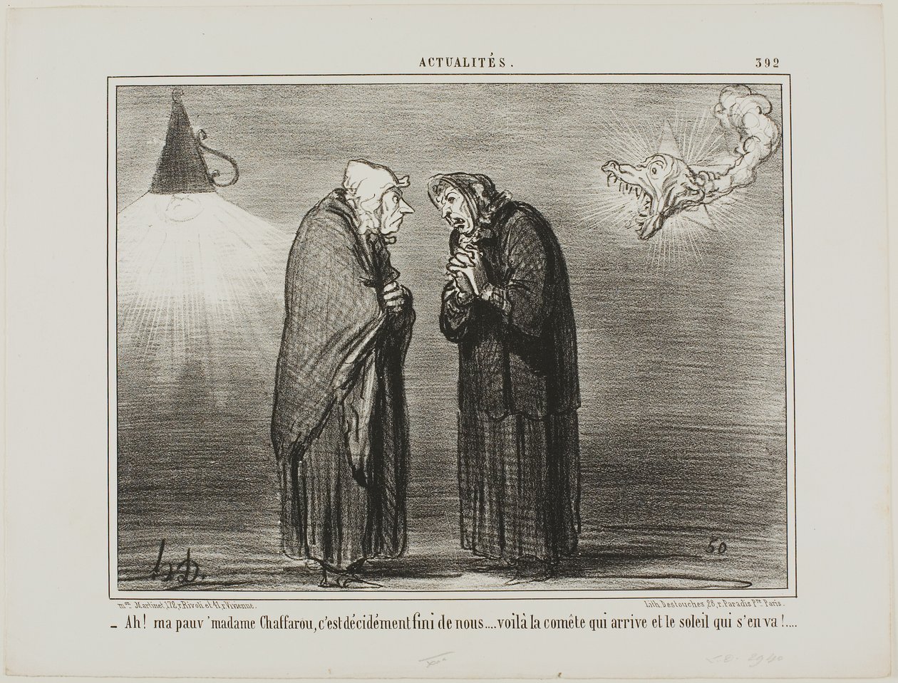„- Ah, meine liebe Madame Chaffarou... das muss doch das Ende sein... der Komet kommt und die Sonne geht“, Platte 392 aus Actualités von Honoré Victorin Daumier