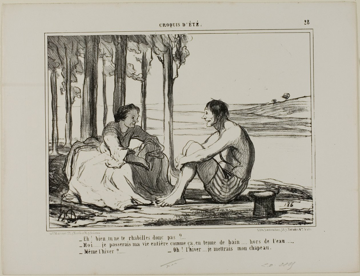 „- Ziehst du dich nicht an? - Nein... Ich bleibe den ganzen Tag in meiner Badebekleidung, außerhalb des Schwimmbeckens. - Auch im Winter? - Dann setze ich meinen Hut auf!“, Platte 28 aus Croquis D