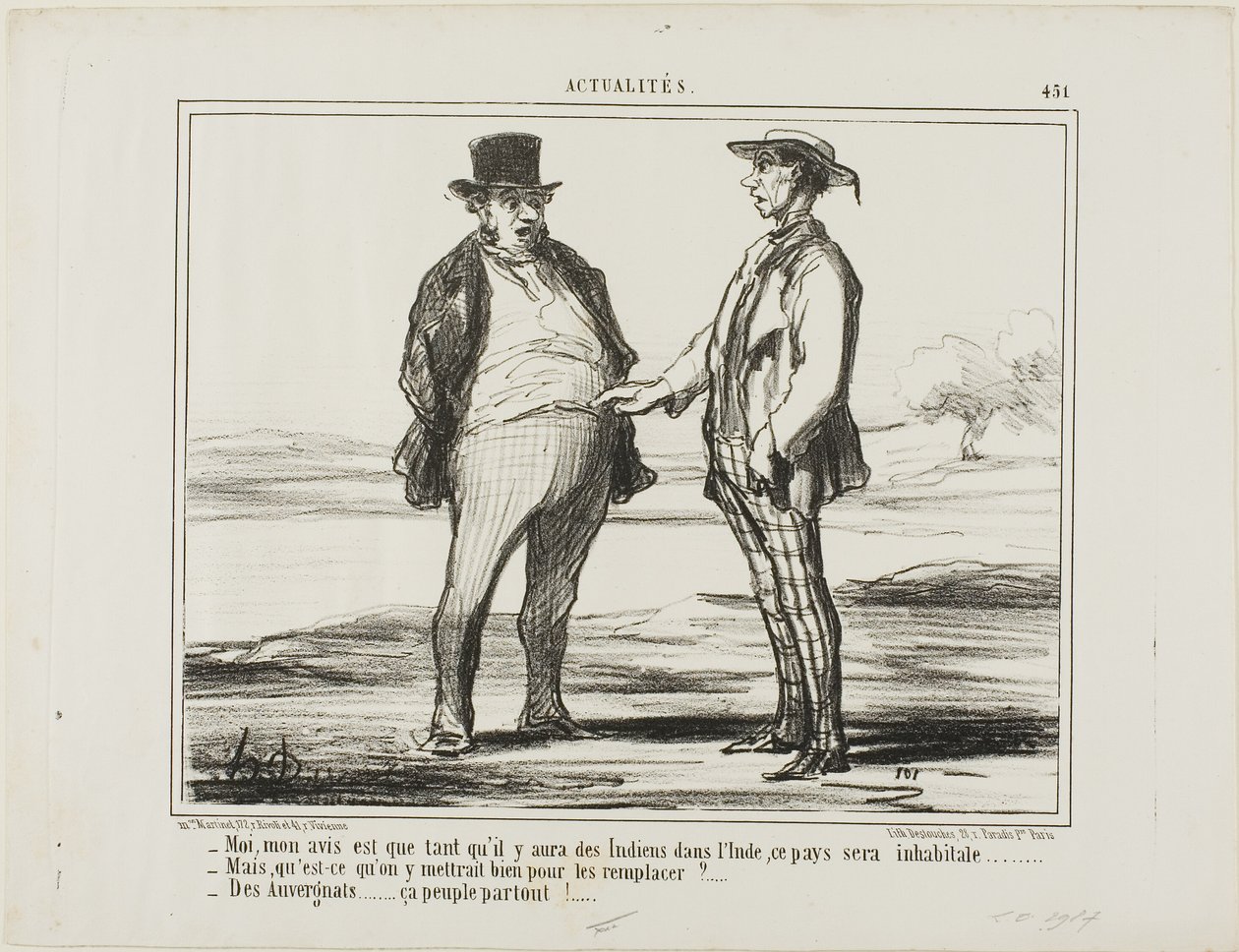 „- Meiner Meinung nach: Solange es Inder in Indien gibt... - Aber womit wollen Sie sie ersetzen?... - Mit Auvergnats... sie siedeln sich überall an!“, Platte 451 aus Actualités von Honoré Victorin Daumier