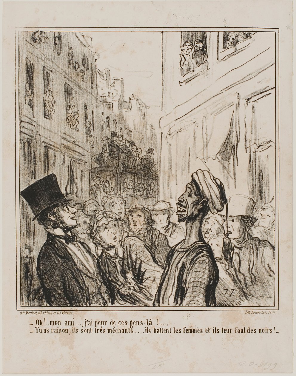 „- Oh, mein Freund... ich fürchte diese Leute dort. - Und das zu Recht... sie sind ziemlich bösartig, sie schlagen ihre Frauen und lassen sie schwarze Kinder bekommen!“, Platte 101 aus Actualités von Honoré Victorin Daumier