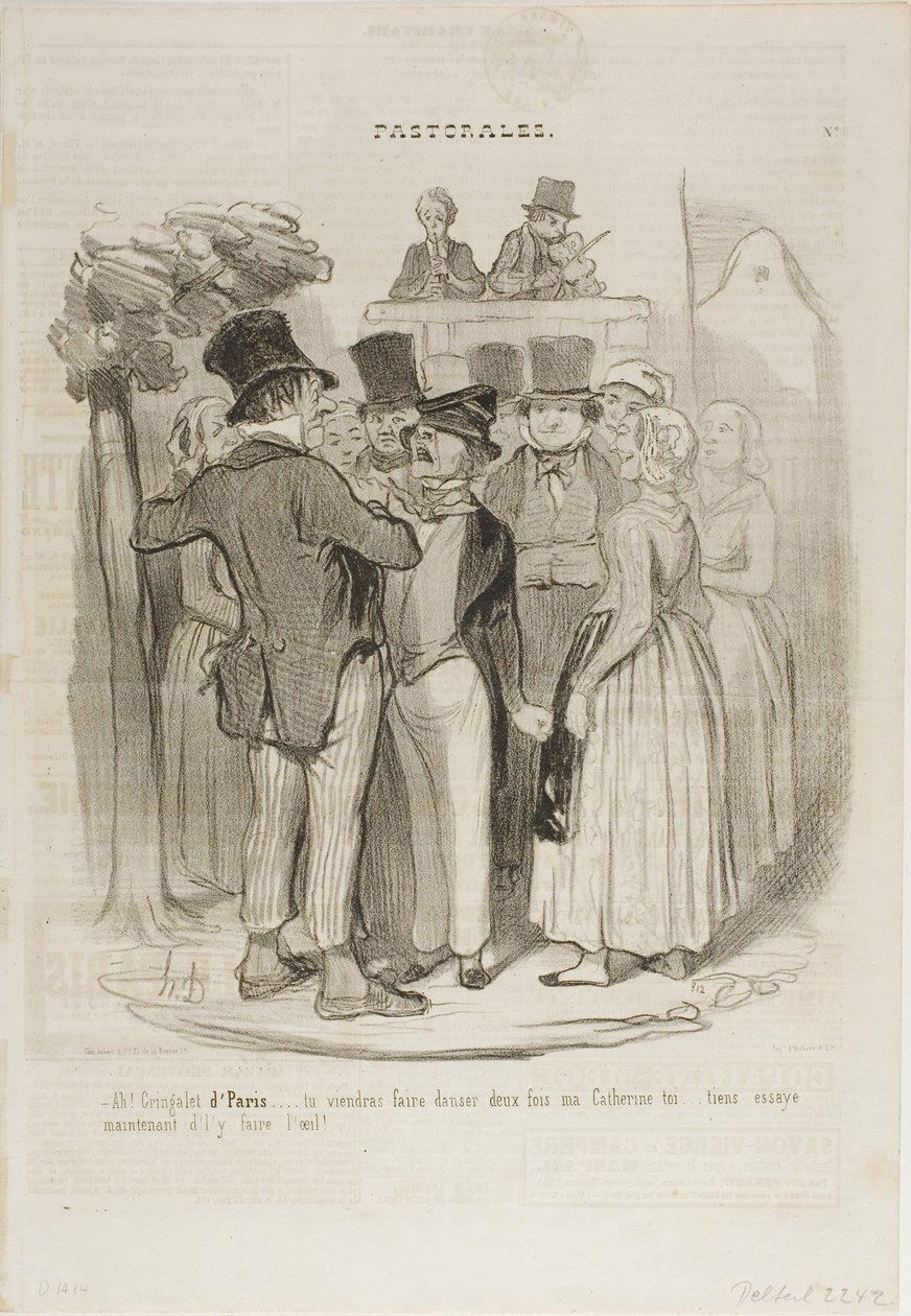 „- Also, Gringalet aus Paris!.... du wirst zweimal mit meiner Catherine tanzen ...... versuche jetzt noch einmal, ihr schöne Augen zu machen,“ Tafel 27 aus Pastorales von Honoré Victorin Daumier