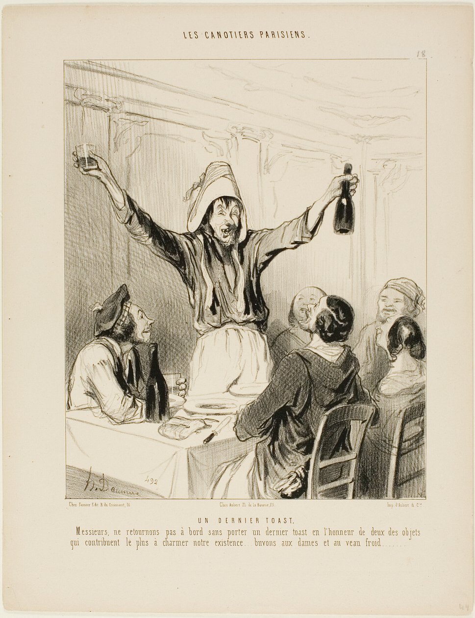 Ein letzter Toast! „Meine Herren, lassen Sie uns nicht an Bord zurückkehren, ohne einen letzten Toast zu Ehren der beiden Dinge, die unser Leben am meisten verzaubern... trinken wir auf die Damen und kaltes Kalbfleisch!“, Tafel 18 aus Les Canotiers Parisie von Honoré Victorin Daumier