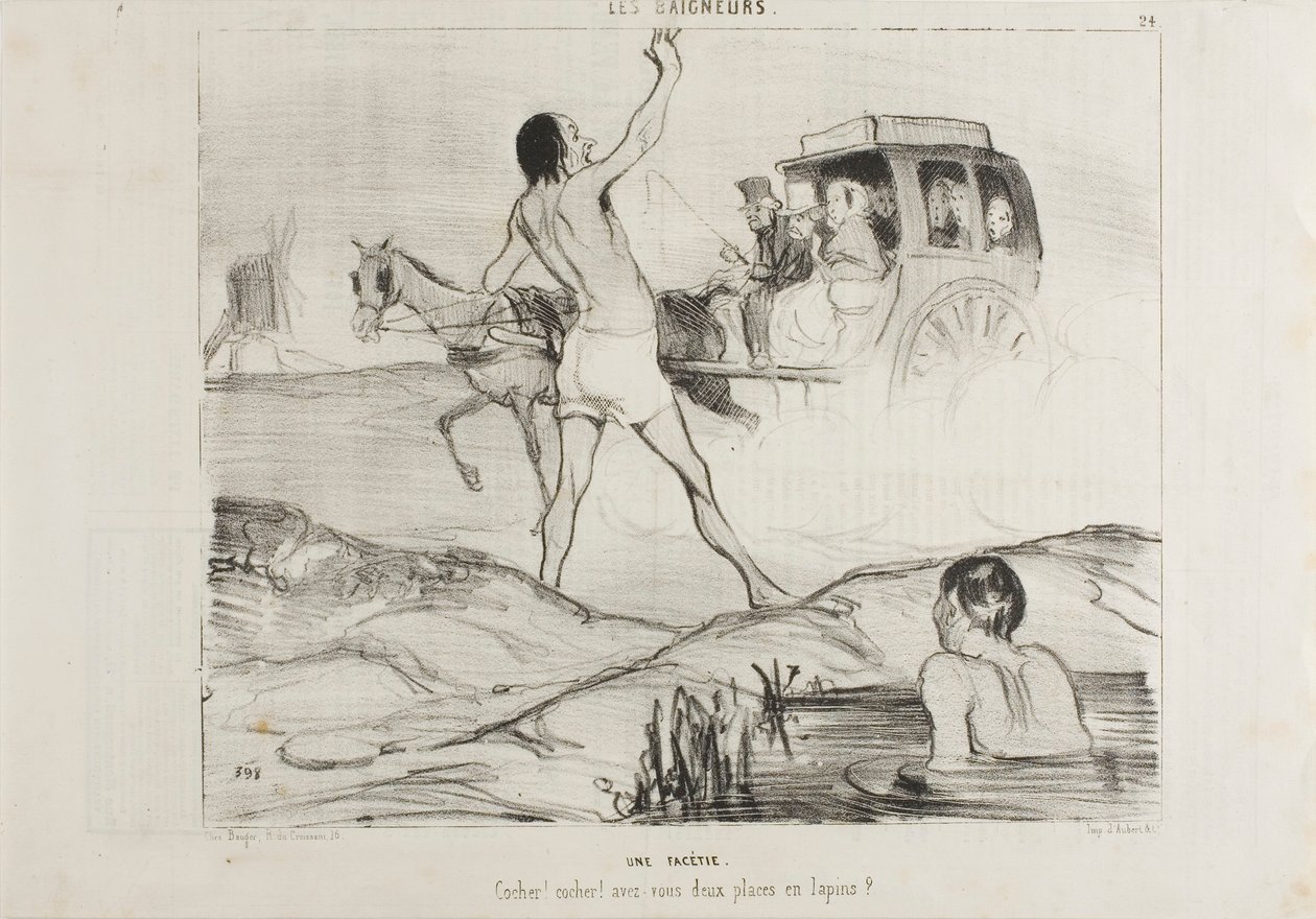 Ein praktischer Scherz. "Fahrer! Fahrer! Haben Sie noch zwei Plätze im Kaninchenbereich?", Platte 24 aus Les Baigneurs von Honoré Victorin Daumier