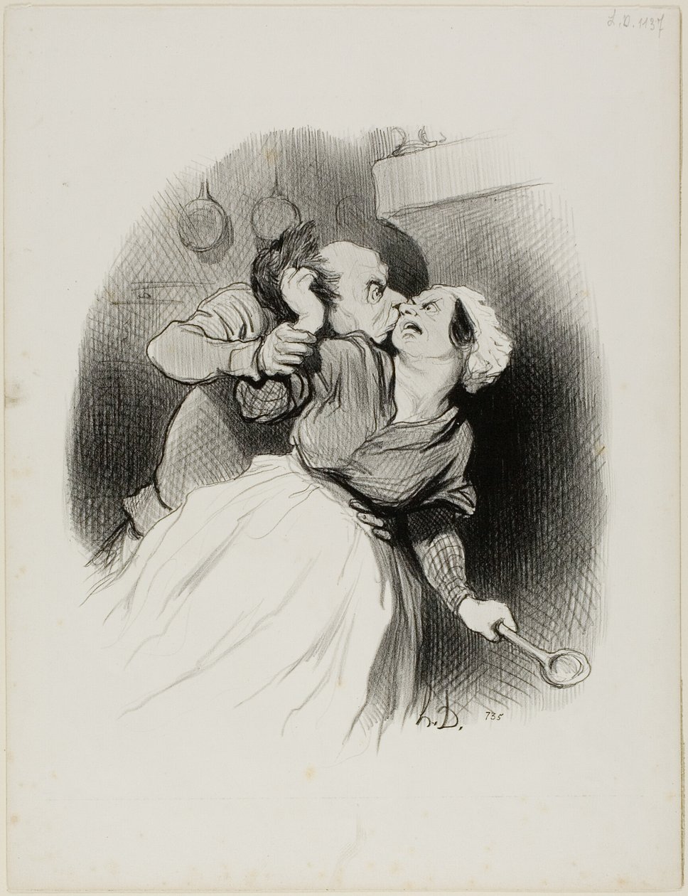 Eine Rückkehr der Jugend. „Schrei so viel du willst, du kleiner Teufel.... meine Frau ist nicht zu Hause.... reiß mir die Haare aus, so viel du willst!“, Platte 50 aus Les beaux Jours de la vie von Honoré Victorin Daumier