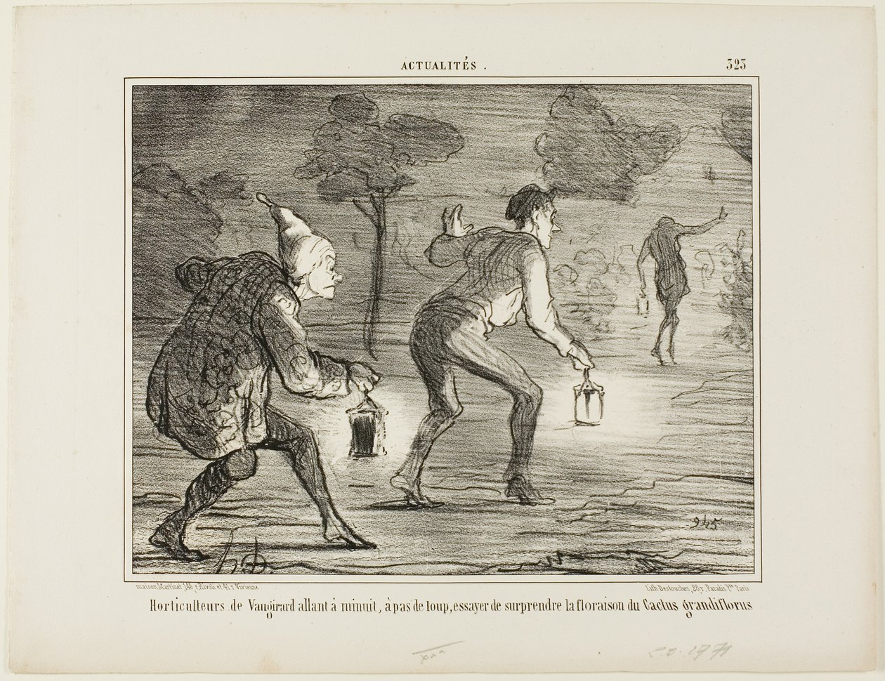 Gärtner von Nanterre schleichen sich um Mitternacht auf Zehenspitzen zum Kaktus grandiflorus, um ihn beim Blühen zu überraschen, Platte 323 aus Actualités von Honoré Victorin Daumier