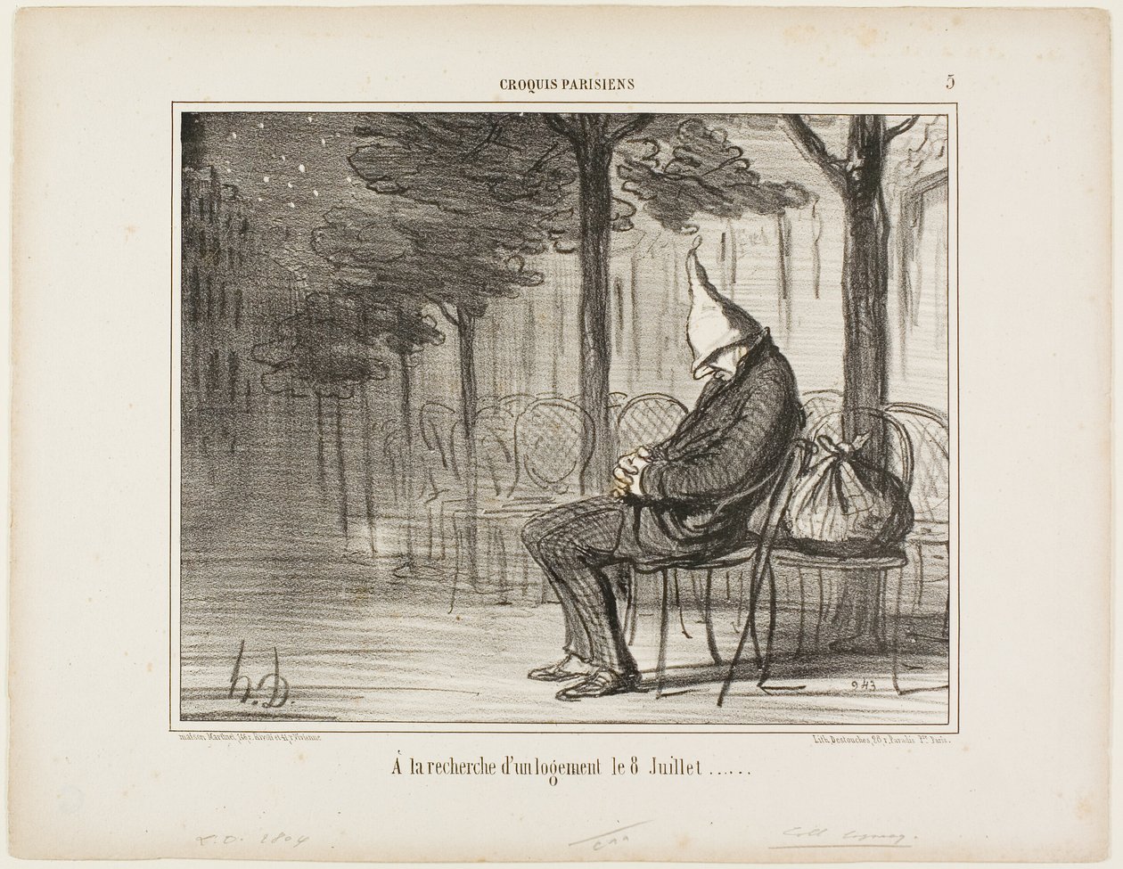 Suche nach einer Übernachtungsmöglichkeit am achten Juli, Tafel 5 aus Croquis Parisiens von Honoré Victorin Daumier
