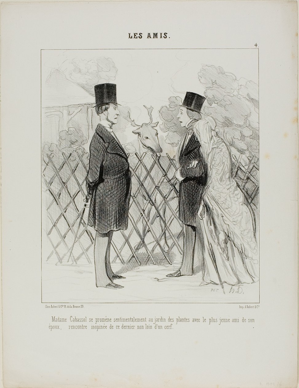 Madame Cabassol beim romantischen Spaziergang im botanischen Garten mit dem jüngsten Freund ihres Mannes. Plötzliche Begegnung mit Letzterem nicht weit von einem Hirsch, Platte 4 aus Les Amis von Honoré Victorin Daumier