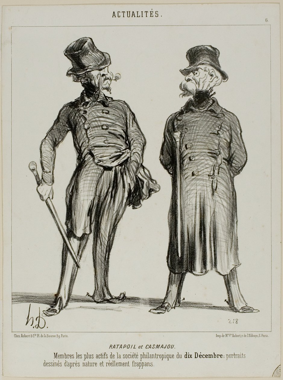 Ratapoil und Casmajou. Die aktivsten Mitglieder der philanthropischen Gesellschaft vom 10. Dezember: Die Porträts sind nach der Natur gezeichnet und von auffallender Ähnlichkeit, Platte sechs aus Actualités von Honoré Victorin Daumier