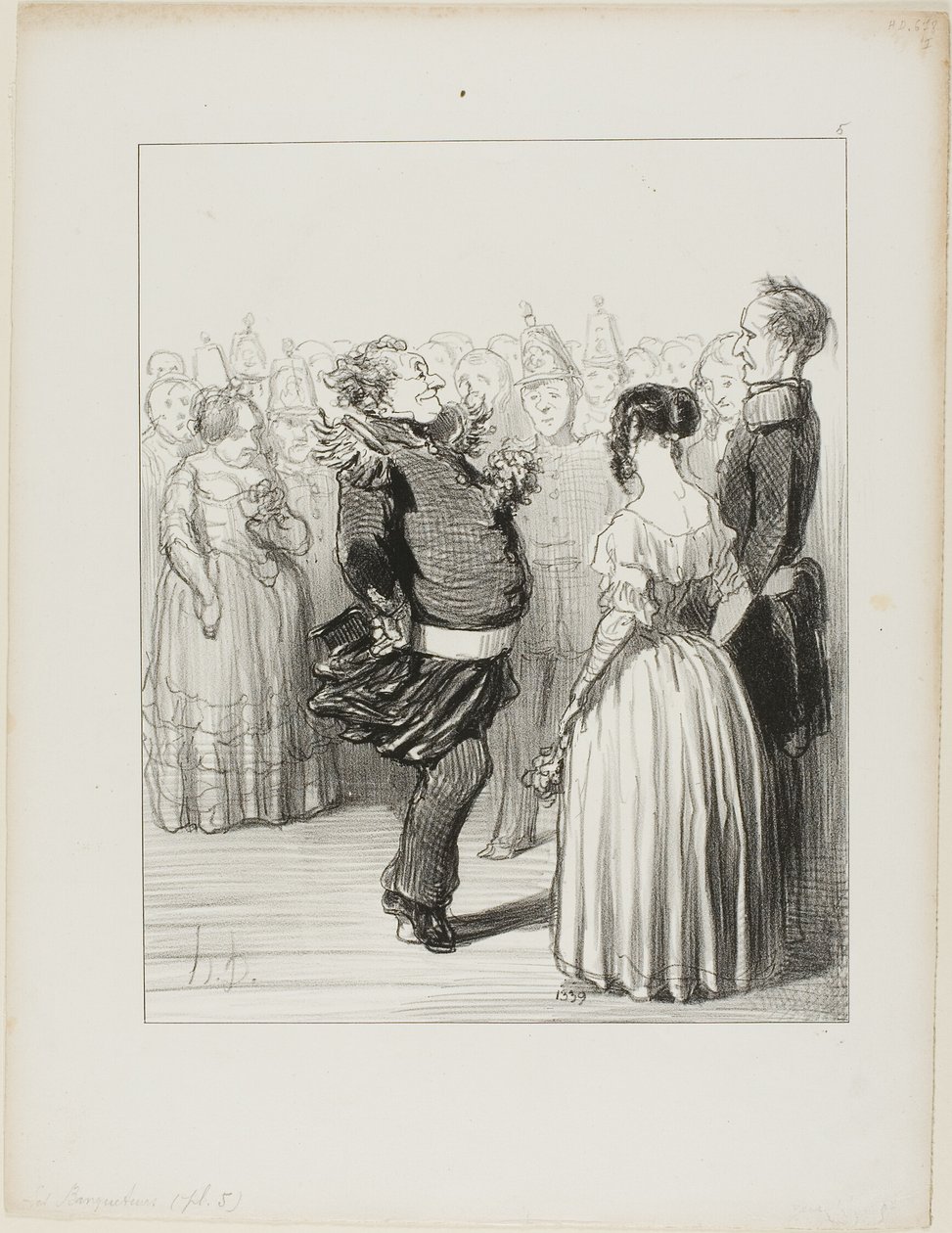 Rifolard eröffnet den Ball und führt einen kühnen Tanzschritt aus, der weithin gelobt wird, Platte 5 aus Les Banqueteurs von Honoré Victorin Daumier