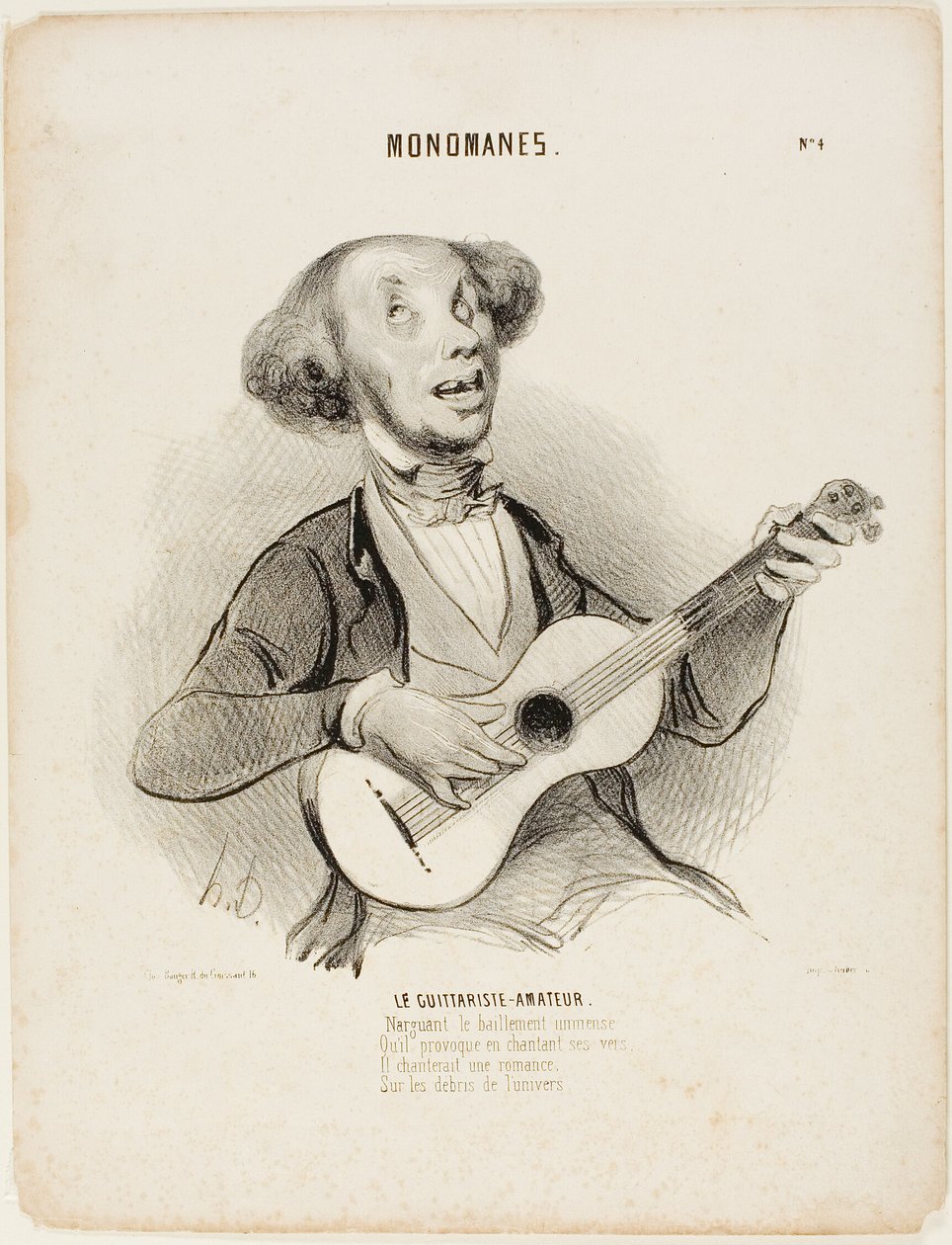 Der Amateur-Gitarrist. Trotz aller Gähnen, Während er sein schwaches Verslein singt, Würde er ein Salonlied singen, Auf den Ruinen des Universums..., Platte 4 aus Monomanen von Honoré Victorin Daumier
