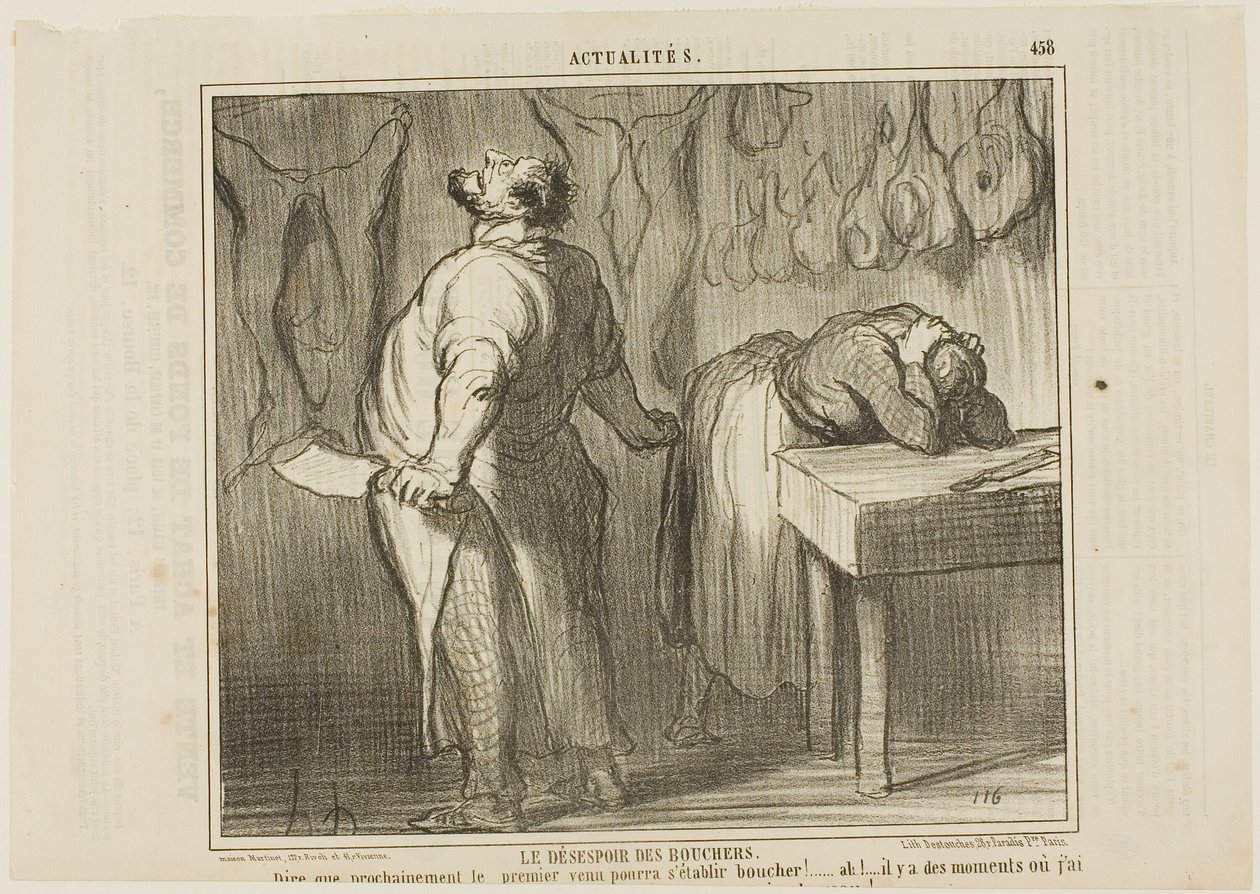 Die Verzweiflung des Metzgers. „- Stell dir vor: Jeder kann sich als Metzger niederlassen! Ah! Es gibt Momente, in denen ich Lust habe, mein Fleischbeil zu nehmen und mich wie ein einfaches Kalb in zwei Hälften zu schneiden,“ Platte 458 aus Actualités von Honoré Victorin Daumier