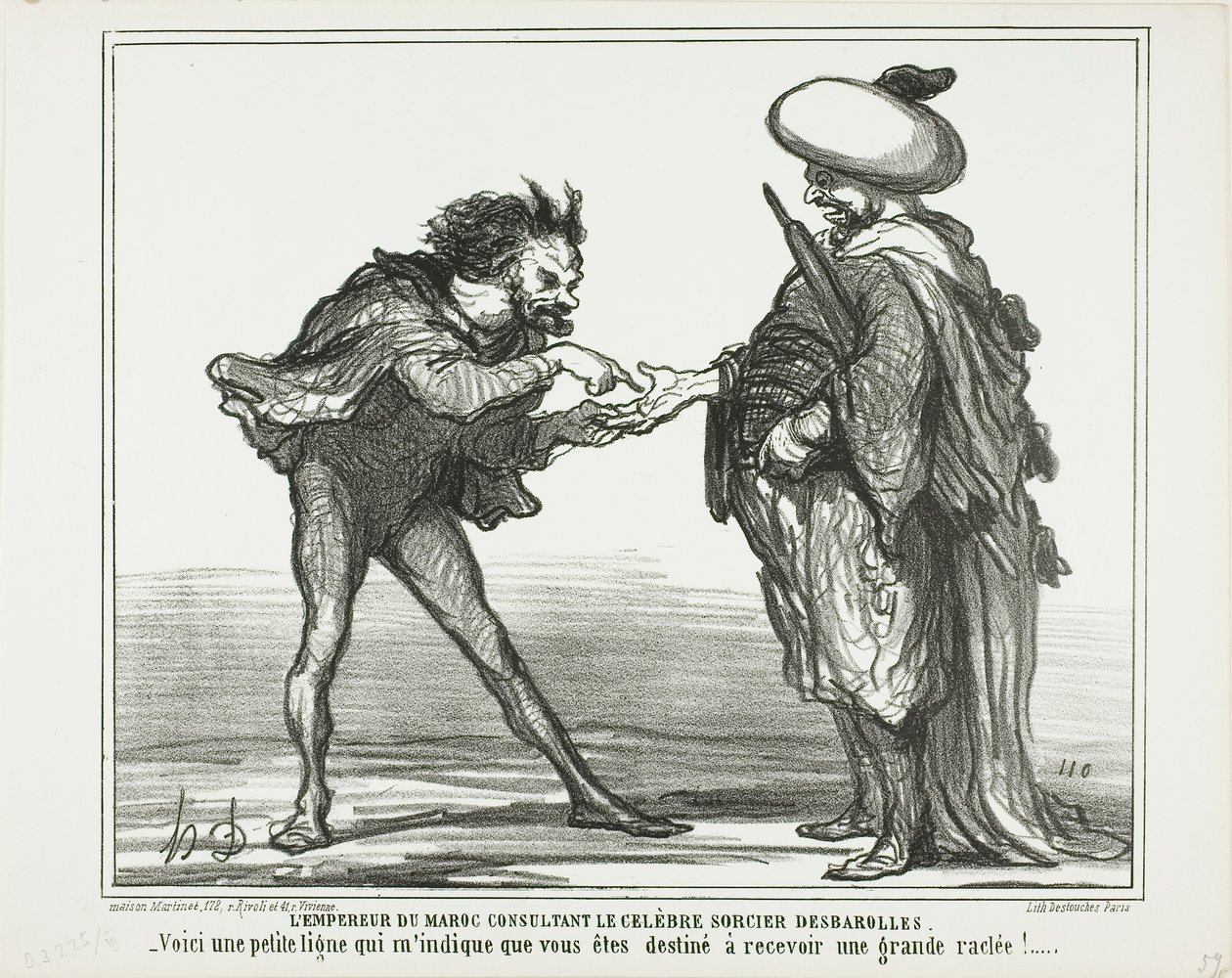 Der Kaiser von Marokko in Beratung mit dem berühmten Magier Desbarolles. „- Diese kleine Linie hier zeigt mir, dass Sie eine königliche Tracht Prügel bekommen werden!“, Platte 126 aus Actualités von Honoré Victorin Daumier