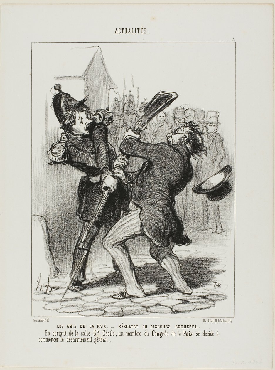 Die Freunde des Friedens - Ergebnis einer Rede von Coquerel. Beim Verlassen der Station Saint Cécilia beschloss ein Mitglied des Friedenskongresses, die allgemeine Abrüstung zu beginnen, Tafel 7 aus Actualités von Honoré Victorin Daumier