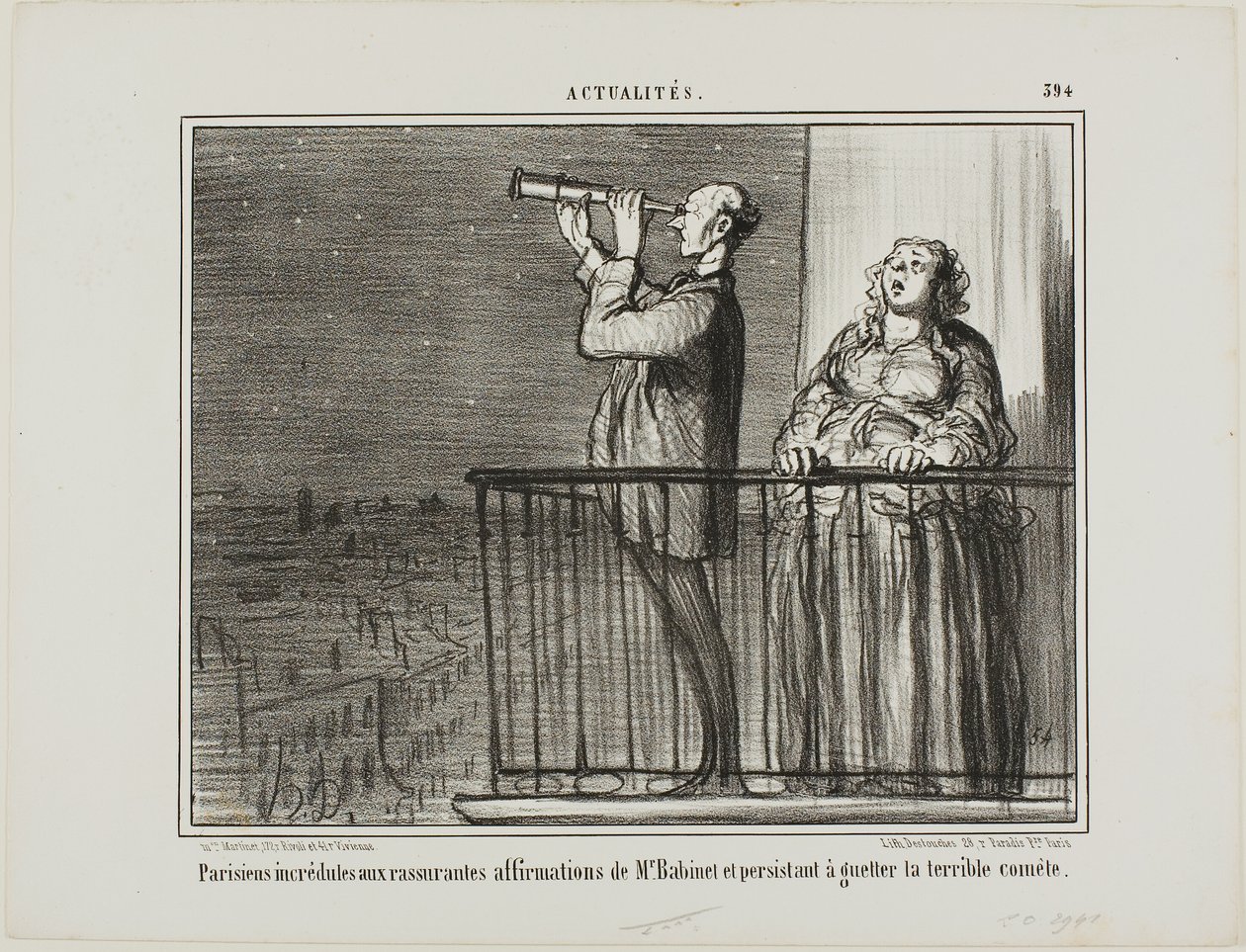 Die Pariser trauen den Zusicherungen von Monsieur Babinet nicht ganz und bestehen darauf, auf den Kometen zu warten, Platte 394 aus Actualités von Honoré Victorin Daumier