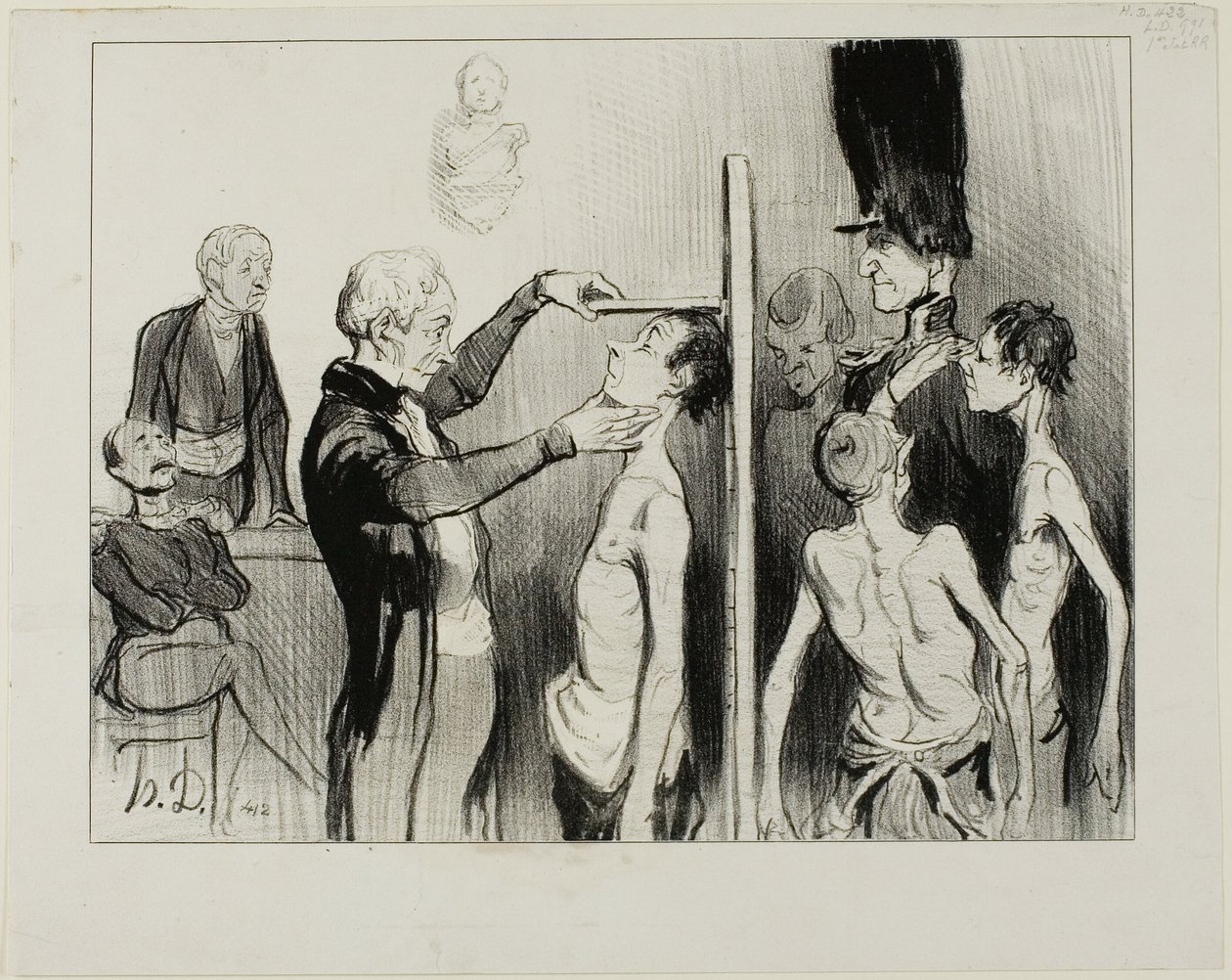 Das Rekrutierungsbrett. „Ist es nicht ein herrlicher Anblick: diese edlen jungen Franzosen voller Eifer, Stärke und Eleganz, bereit, ihre Ehre unter den Fahnen des Mars zu verteidigen“, Platte 35 aus Caricatures Du Jour von Honoré Victorin Daumier