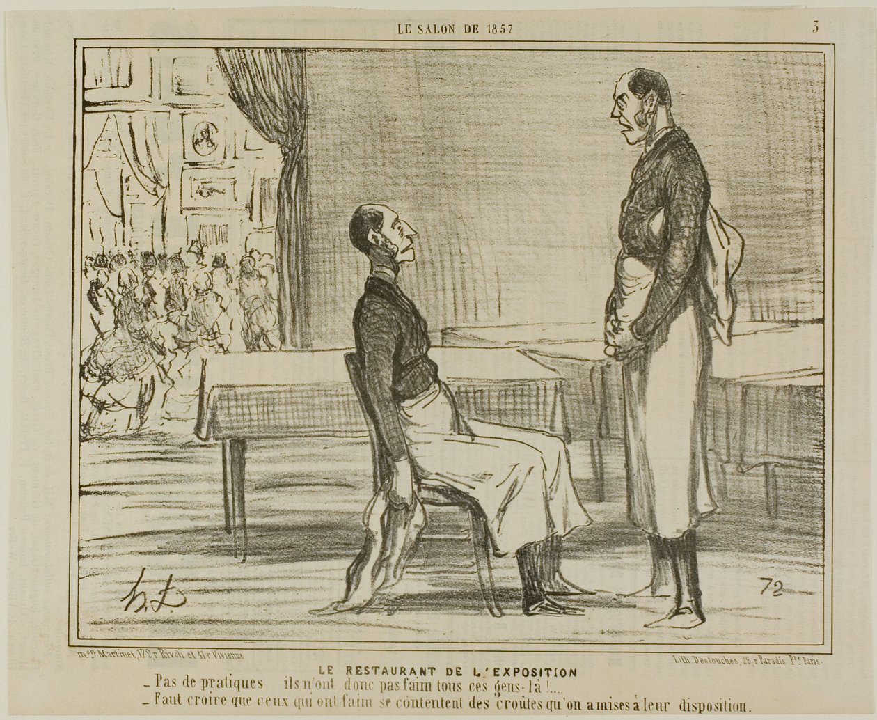 Das Restaurant auf der Ausstellung. „- Überhaupt keine Kunden... sind diese Leute nicht hungrig? - Ich denke, die Hungrigen essen die angebotenen Snacks,“ Tafel 3 aus Le Salon De 1857 von Honoré Victorin Daumier