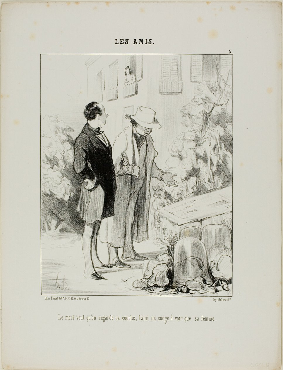 Der Ehemann möchte, dass er sein Frühbeet betrachtet, der Freund träumt nur davon, seine Frau zu sehen, Platte 3 aus Les Amis von Honoré Victorin Daumier