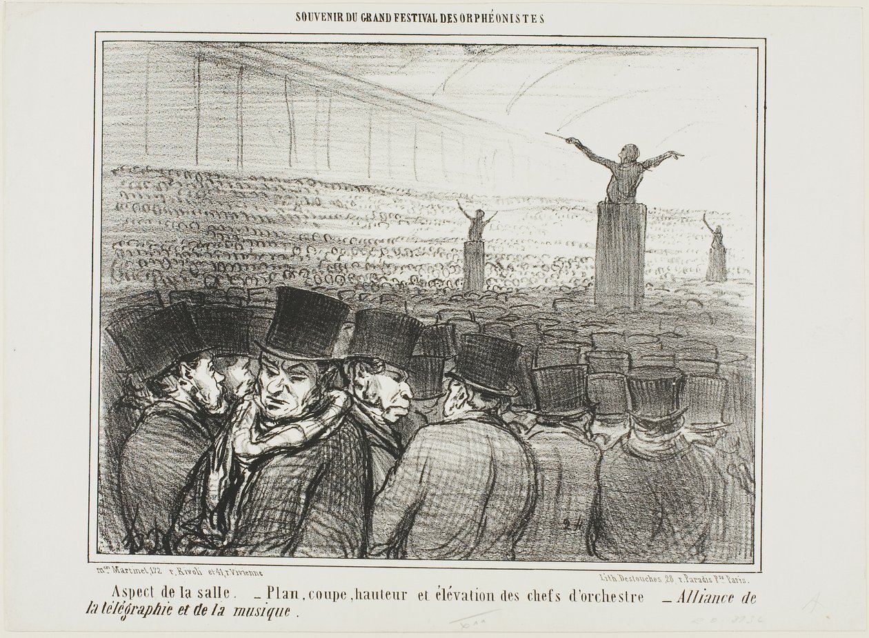 Ansicht der großen Halle. Karte, Höhe und Ansicht von vorne des Dirigenten. Große Allianz zwischen Telegraph und Musik, Platte 1 aus Souvenir Du Grand Festival Des Orphéonistes von Honoré Victorin Daumier