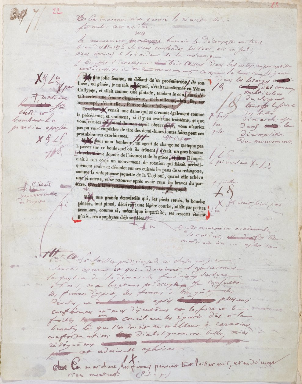 Korrekturabzug einer gedruckten Seite mit Anmerkungen des Autors von Honore de Balzac
