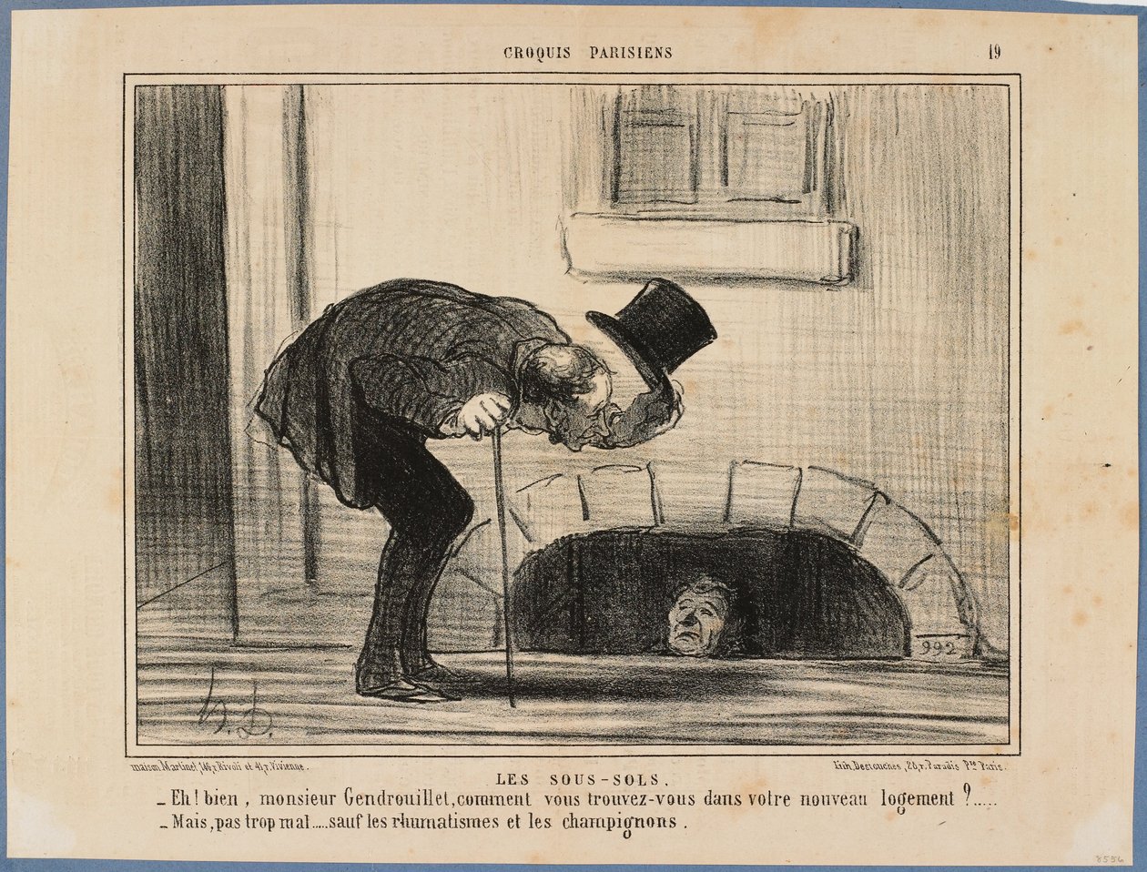- Und nun, Herr Gendrouillet, wie fühlen Sie sich in Ihrer neuen Unterkunft? - Nicht allzu schlecht, abgesehen vom Rheumatismus und den Pilzen von Honoré Daumier