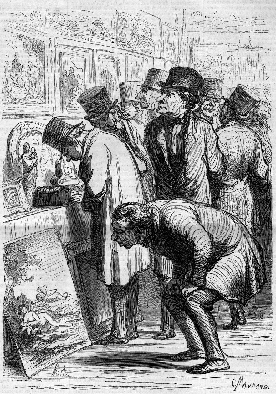 Ein Raum des Hotel Drouot, ein Ausstellungstag. Karikatur von Honore Daumier. Gravur in 