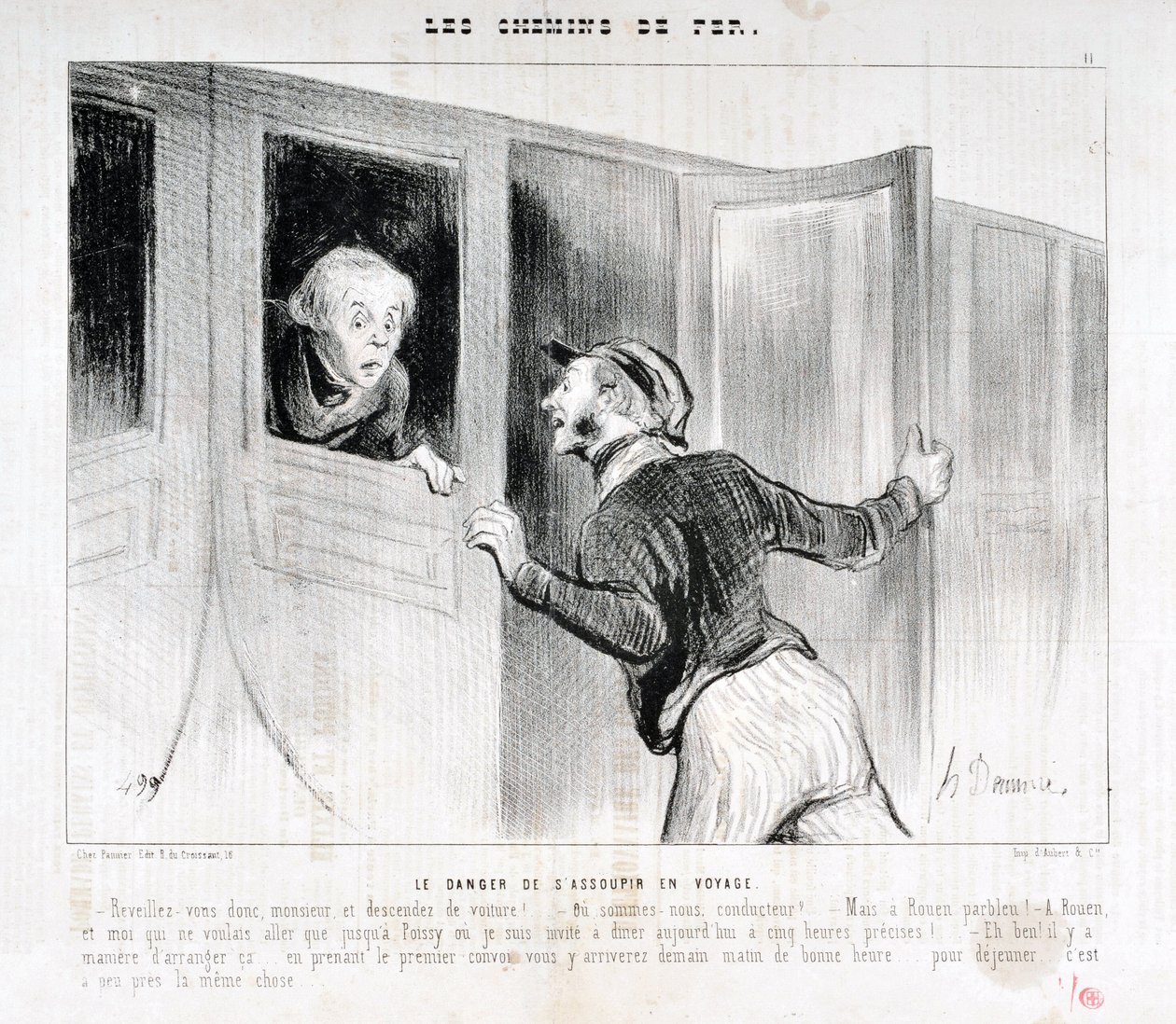 Werk von Honore Daumier (1808-1879). Charivari stammt aus dem Jahr 1843: Serie LES RAILWAYS Die Gefahr, auf einer Reise einzuschlafen - Wach auf, Herr, und steigen Sie aus dem Wagen! - Wohin fahren wir? - Aber nach Rouen, parbleu! - Nach Rouen und ich woll von Honoré Daumier