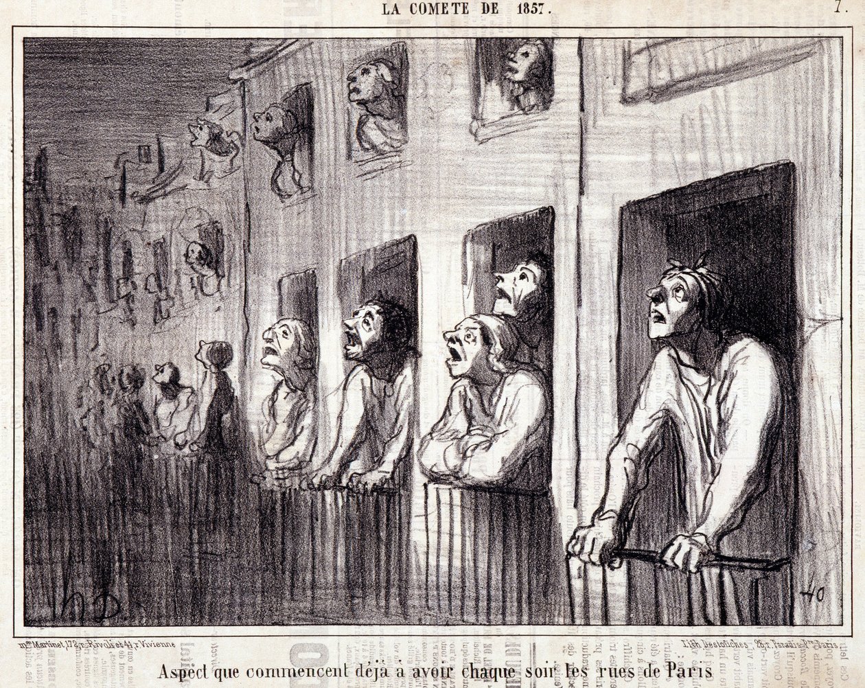 Karikatur über Wissenschaft. Serie „Der Komet von 1857“: „Aspekt, den die Straßen von Paris jede Nacht annehmen“. Gravur von Honoré Daumier (1808-1879). Auszug aus der Zeitung „Le Charivari“. von Honoré Daumier