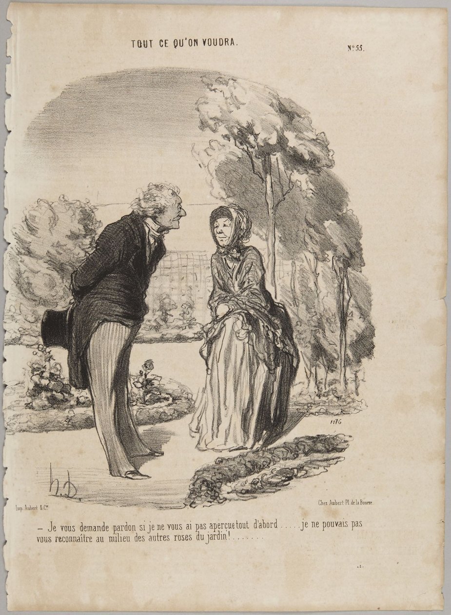 Ich bitte um Verzeihung, wenn ich Sie nicht gleich bemerkt habe..., Nummer 55 aus der Serie „Alles, was man will“ aus Le Charivari von Honoré Daumier