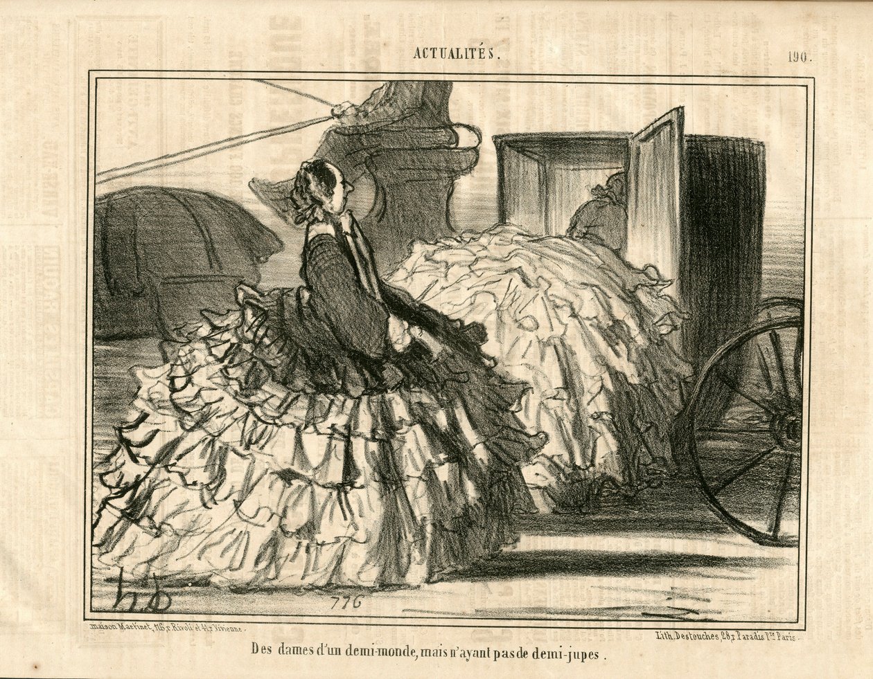 Le Charivari, Satirique en N & B, ca. 1855: Nachrichten Nr. 190. Damen einer Halbwelt, aber keine Röcke. - Mode, Transport, Krinolinen - Frauen Illustration von Honore Daumier (1808-1879) von Honoré Daumier