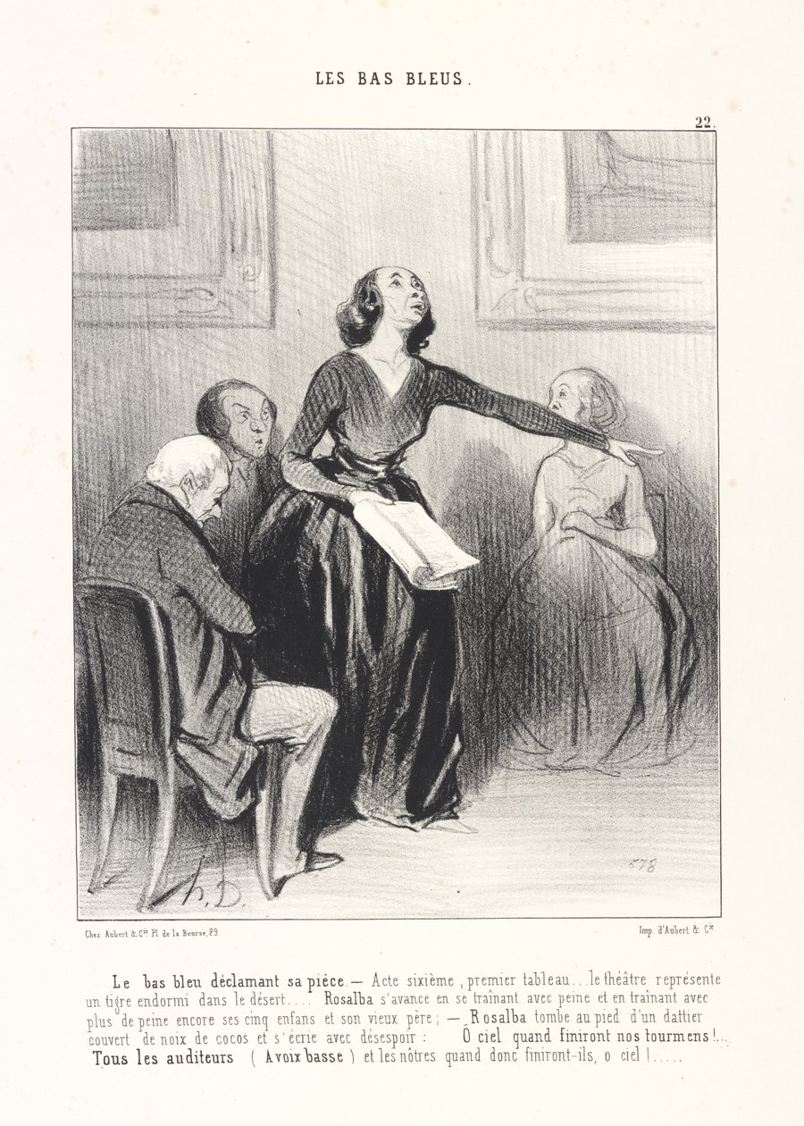 Die Blaustrümpfin trägt ihr Stück vor, Tafel 22 aus der Serie „Die Blaustrümpfe“ aus der Zeitschrift Le Charivari von Honoré Daumier