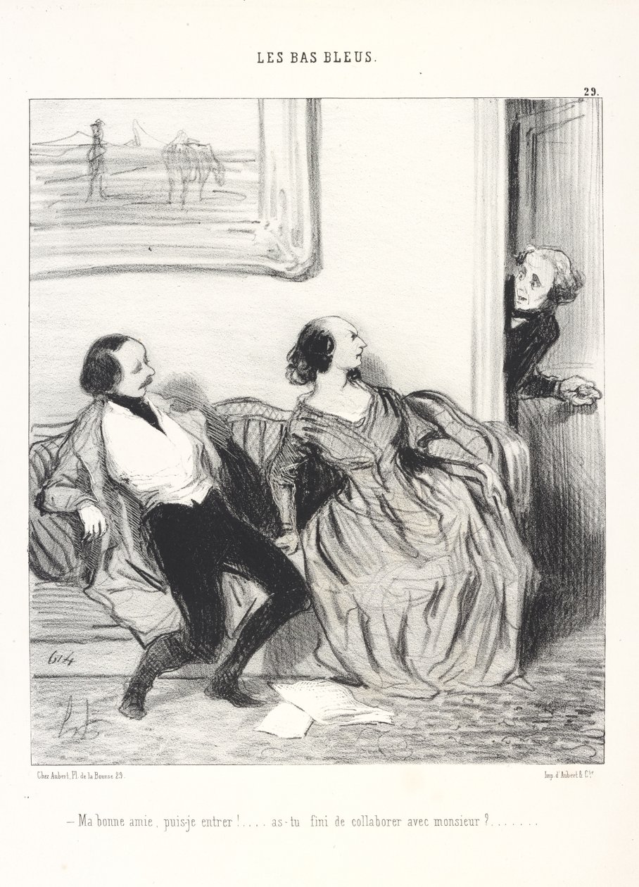 Meine Liebe, darf ich hereinkommen! ... Bist du mit deiner Zusammenarbeit mit dem Herrn fertig?, Tafel 29 aus der Serie Les Bas-Bleus aus der Zeitschrift Le Charivari von Honoré Daumier
