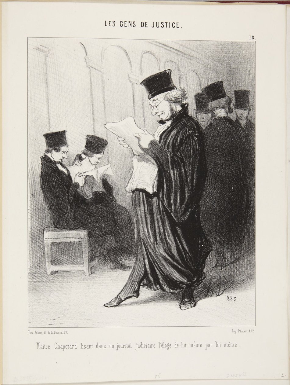 Meister Chapotard liest in einer juristischen Zeitung sein von ihm selbst verfasstes Loblied auf sich selbst von Honoré Daumier