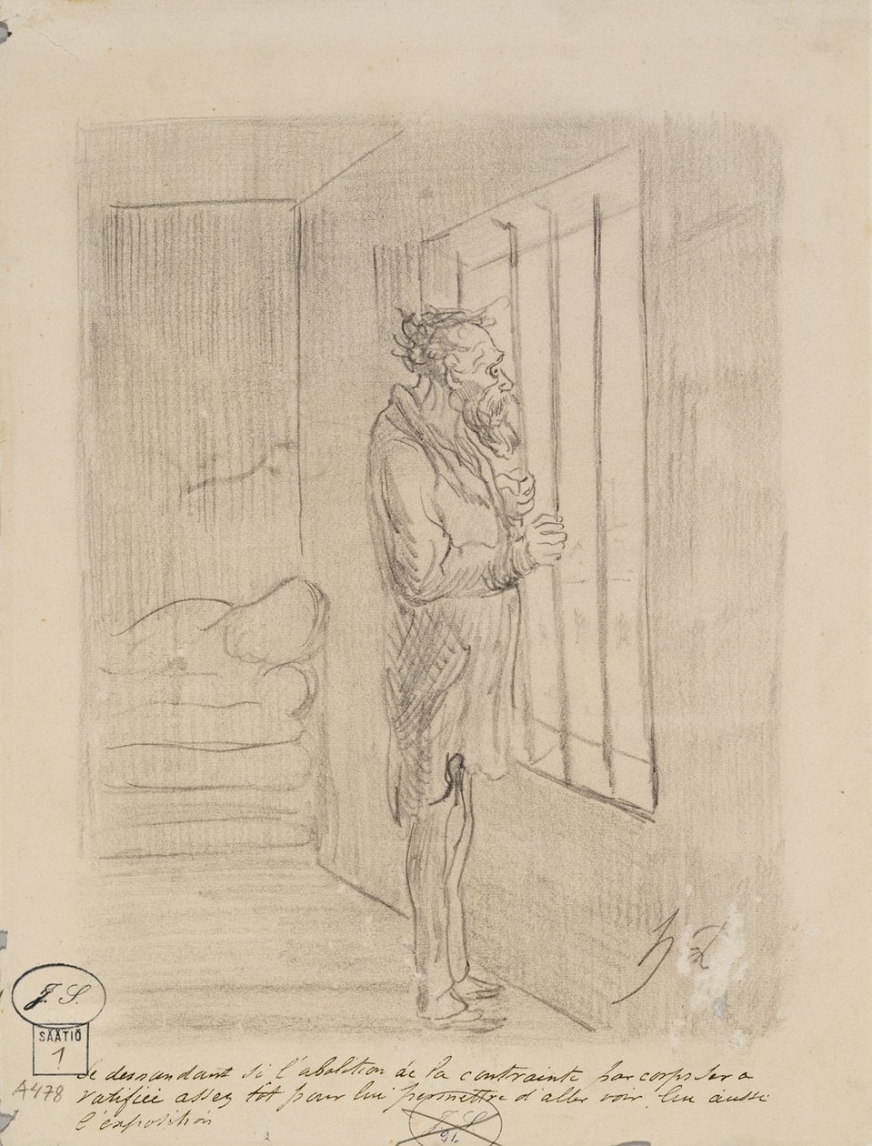 Mann hinter Schloss und Riegel von Honoré Daumier