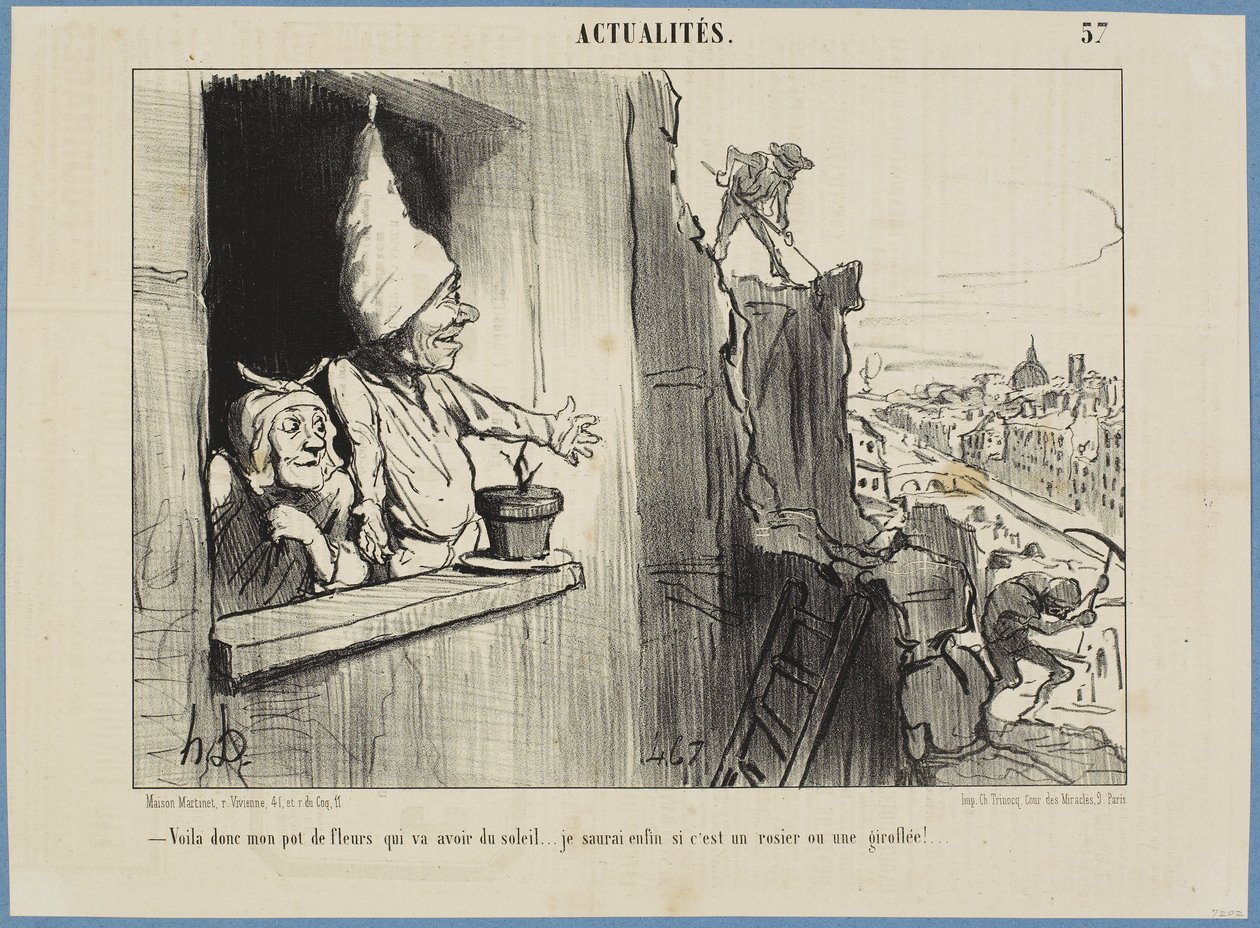 Jetzt bekommt mein Blumentopf etwas Sonne... Endlich werde ich wissen, ob es eine Rose oder eine Levkoje ist! von Honoré Daumier