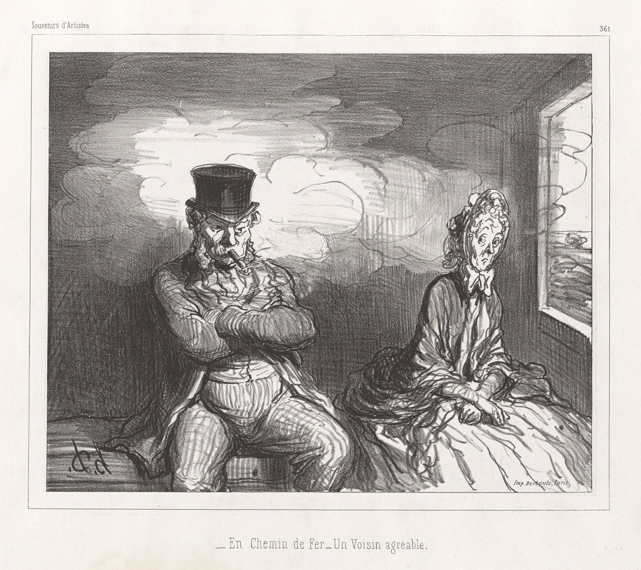 In der Eisenbahn, ein angenehmer Nachbar, aus der Zeitschrift Souvenirs d’Artistes von Honoré Daumier