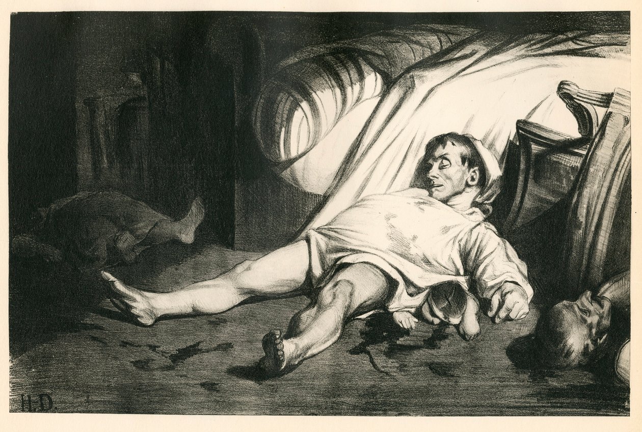 Hundertzwanzig Lithografien von H. Daumier, Satirisch in Schwarz-Weiß, circa 1834: Massaker der Rue Transnonain (Paris) - Republikaner, Tote Körper, Repression - Illustration von Honore Daumier (1808-1879) von Honoré Daumier