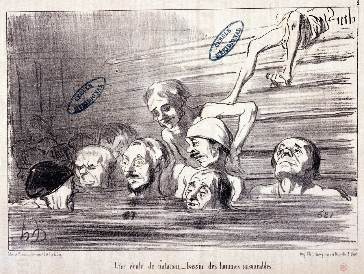 Serie „Les Bains de Mer“: „Aquatische Skizze. Eine Schwimmschule, ein Becken vernünftiger Männer.“ Gravur von Honoré Daumier (1808-1879). Auszug aus der Zeitung „Le Charivari“. von Honoré Daumier