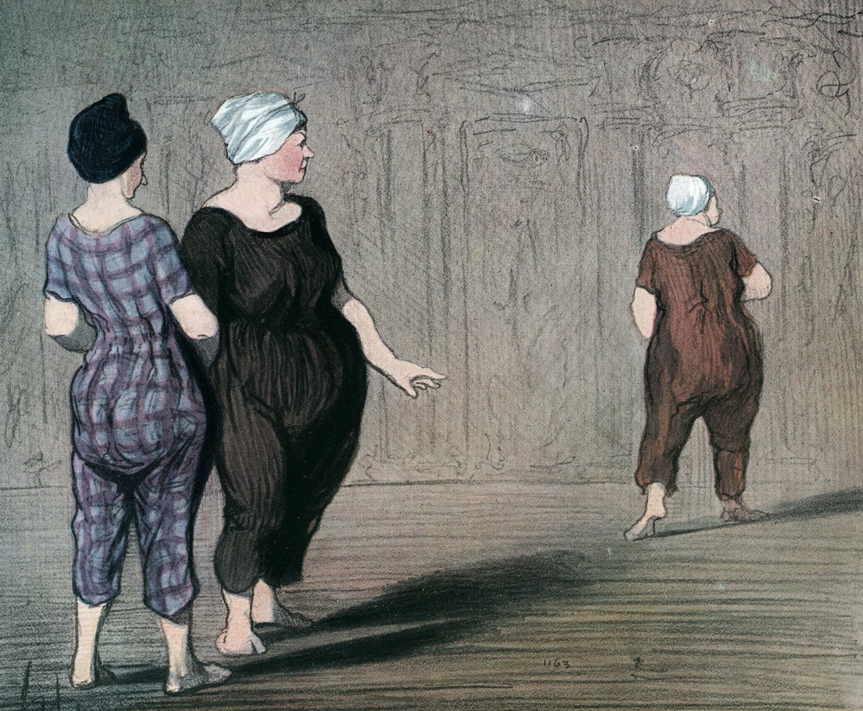 Serie „Les baigneuses“ zwei Frauen im Badeanzug begutachten den Schnitt einer anderen, Karikatur von Honore Daumier (1808-1879) 1844 von Honoré Daumier