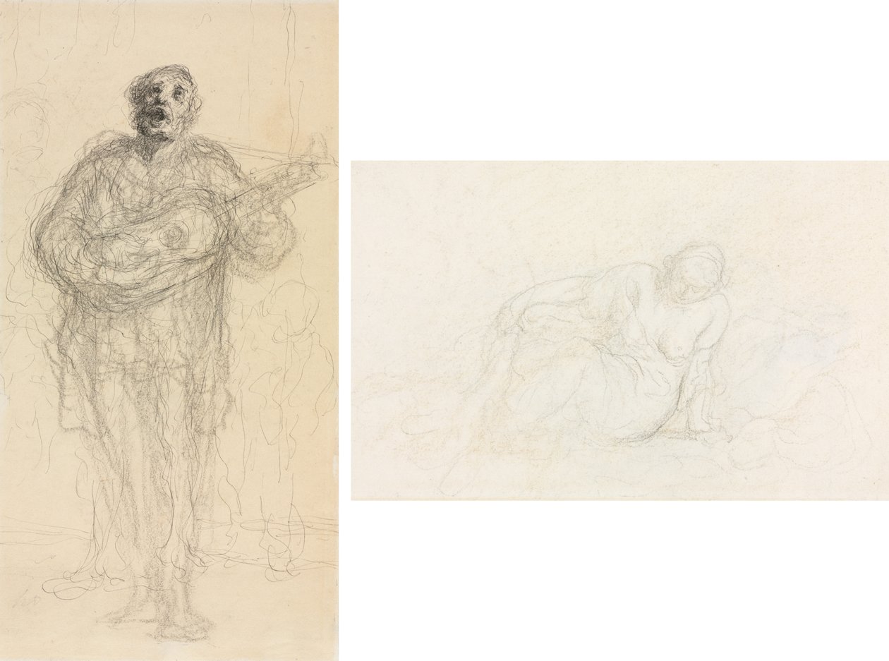Singender Gitarrist (recto); Liegende Frau, die sich auf ihren Arm stützt (verso) von Honoré Daumier