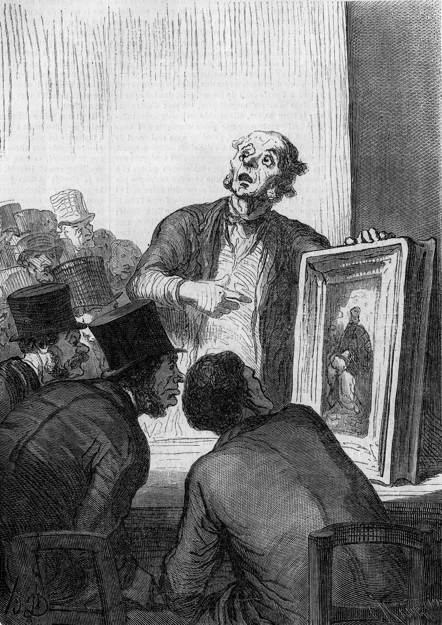 Das Auktionshaus: der Kunstexperte. Karikatur von Honoré Daumier (1808-1879). Gravur in „Le Monde Illustré“ Nr. 308 vom 7. März von Honoré Daumier