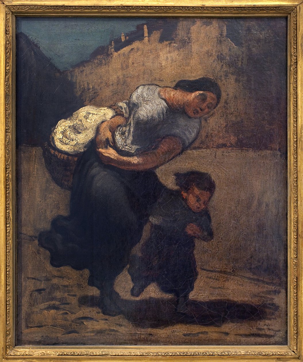 Der Sturm (die Lavendel). Eine Frau hält einen kurzen Korb mit einem Kind, wahrscheinlich um sich vor dem Regen zu schützen von Honoré Daumier