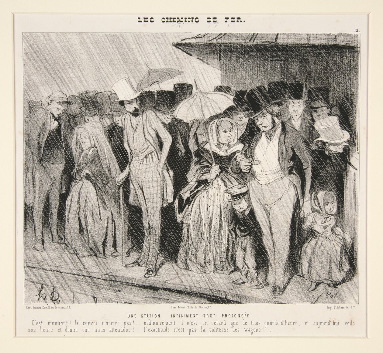 Ein unendlich zu langer Aufenthalt: Das ist erstaunlich! Der Zug kommt nicht!... Normalerweise hat er nur eine Dreiviertelstunde Verspätung,... aus „Die Eisenbahnen“, in Le Charivari, 13. November 1843 von Honoré Daumier