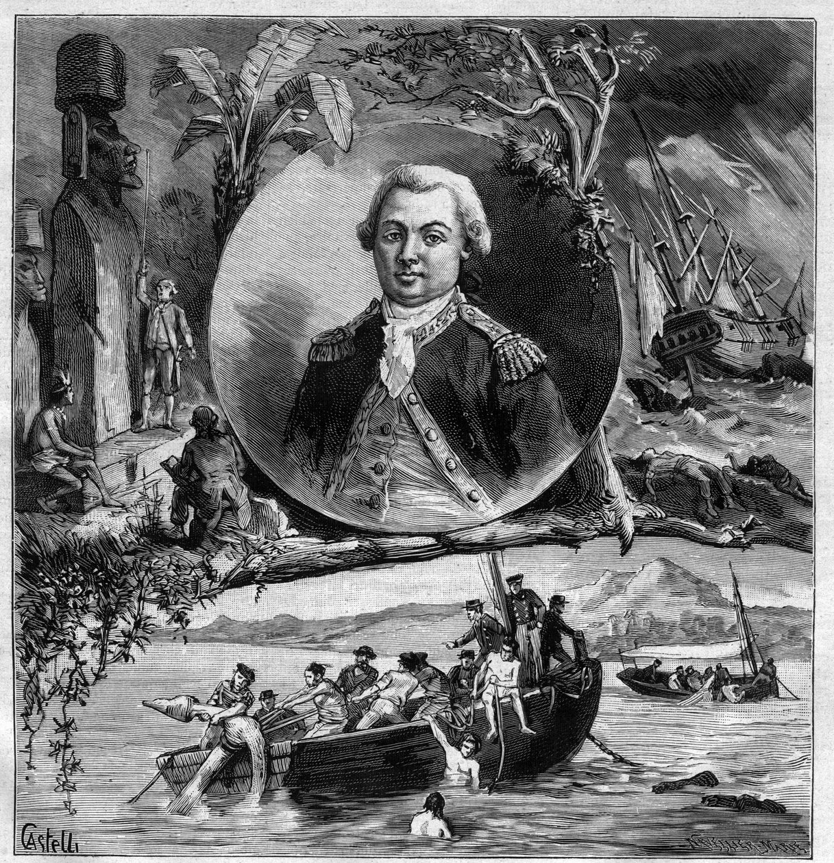 Das Hundertjährige von La Perouse (Jean Francois de Galaup Laperouse) - Porträt zur Erinnerung an seine Ankunft auf der Osterinsel 1786 und das Auffinden der Astrolabe durch Dumont d
