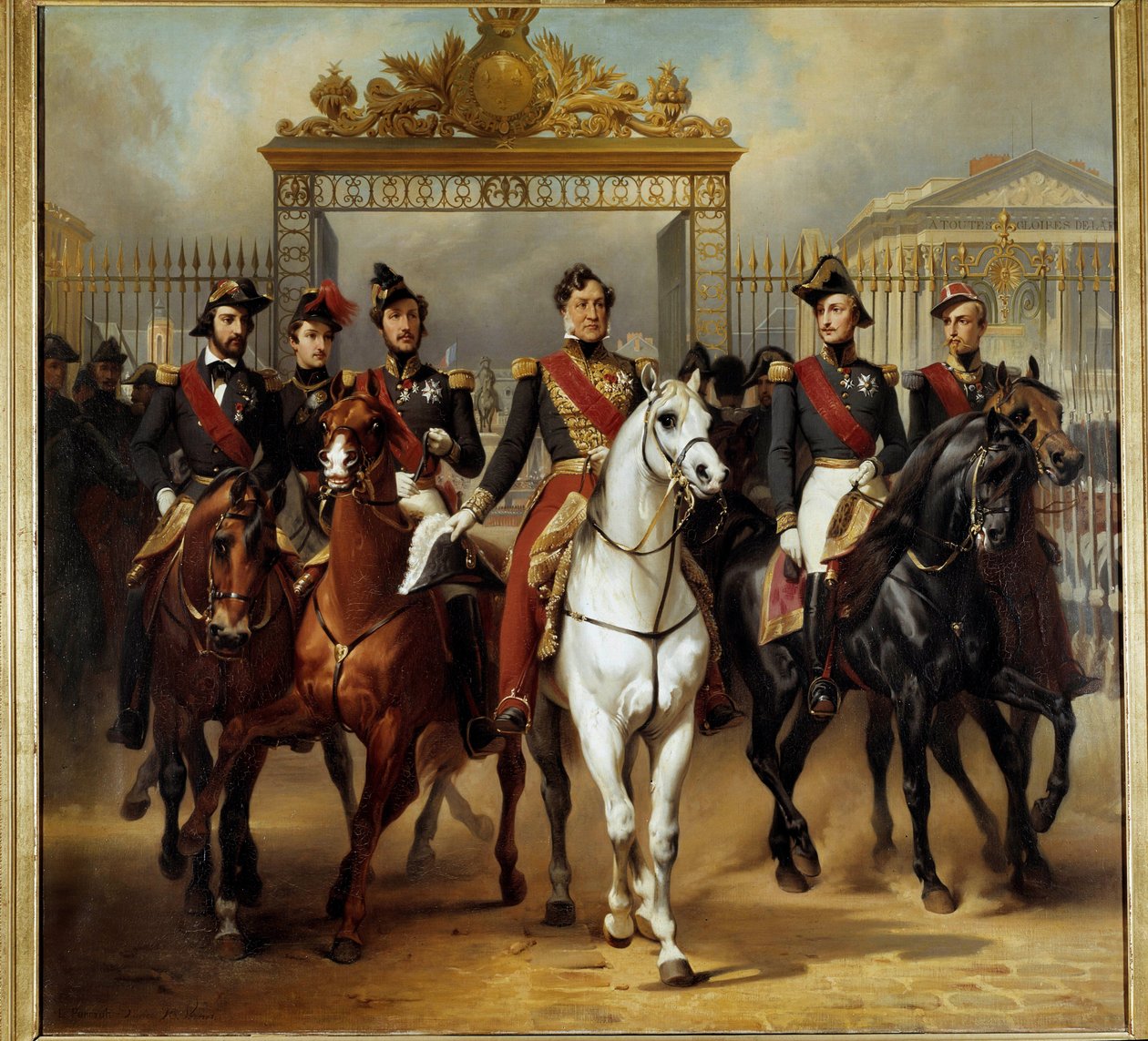 König Louis-Philippe I. (Louis Philippe) mit seinen fünf Söhnen, die durch das Ehrengitter des Schlosses von Versailles nach einer Militärparade am 10.06.1837 hinausgehen. Gemälde von Horace Vernet (1789-1863) 1846 von Emile Jean Horace Vernet