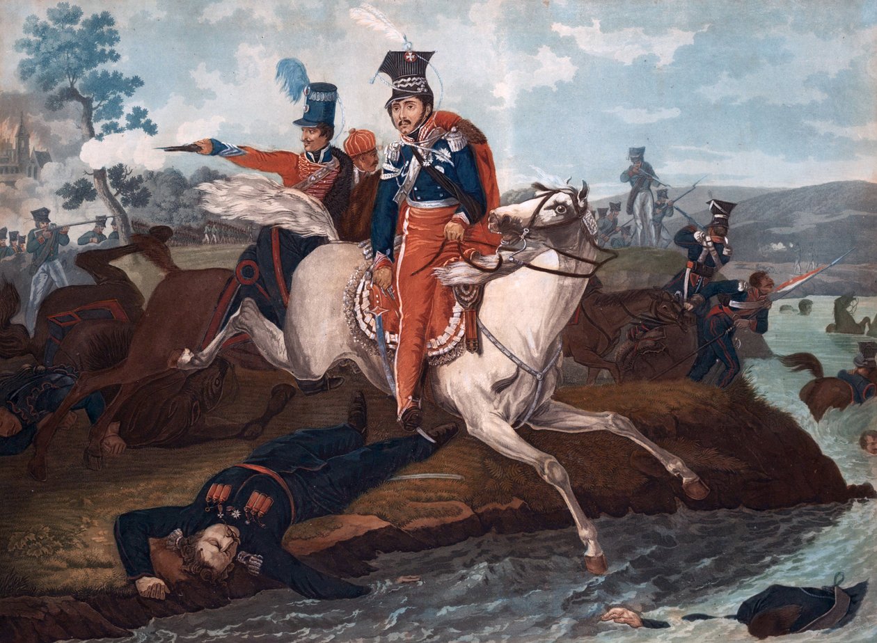 Tod von Prinz Jozef Poniatowski in der Schlacht von Leipzig von Emile Jean Horace Vernet