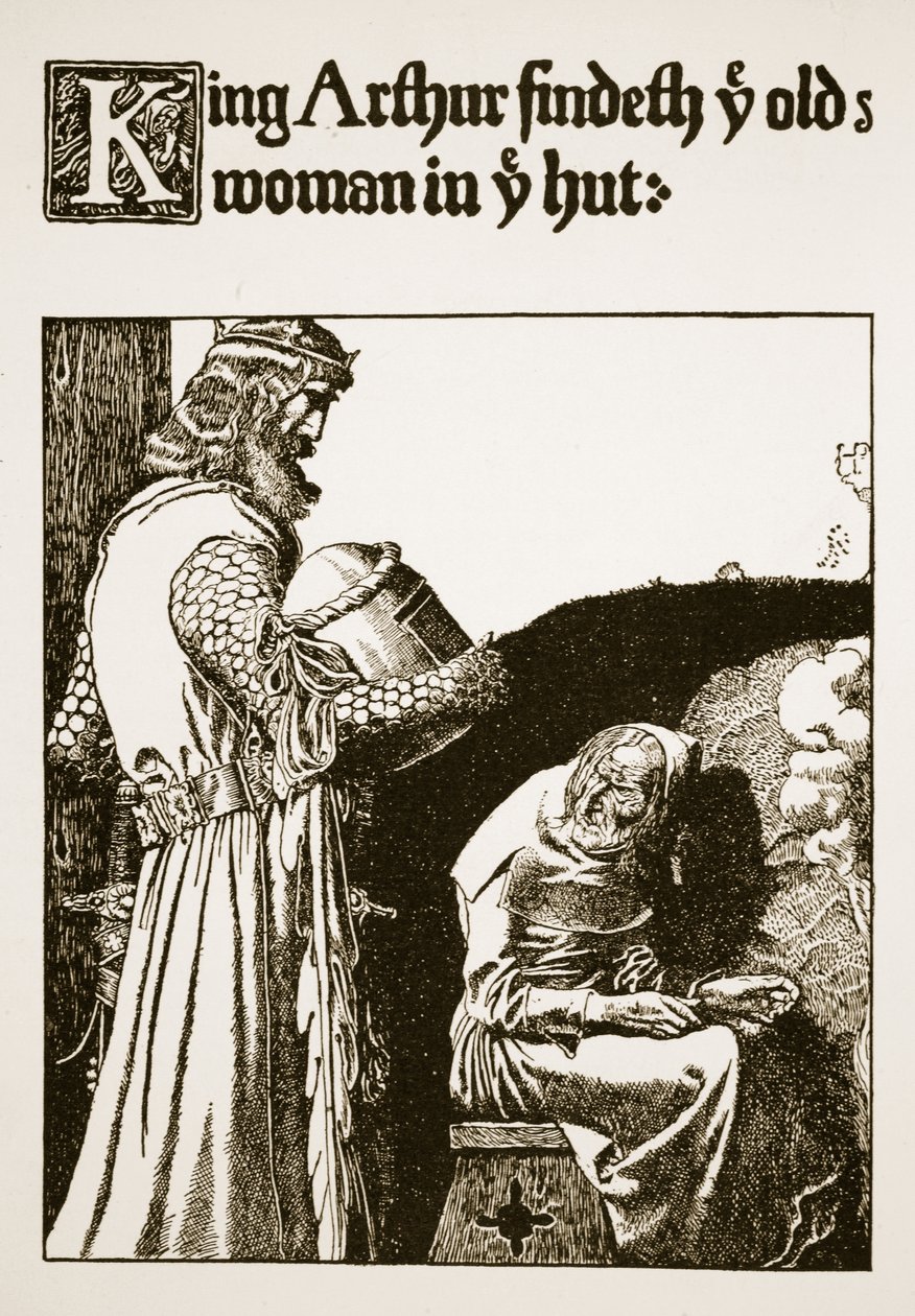 König Artus findet die alte Frau in der Hütte, Illustration aus 