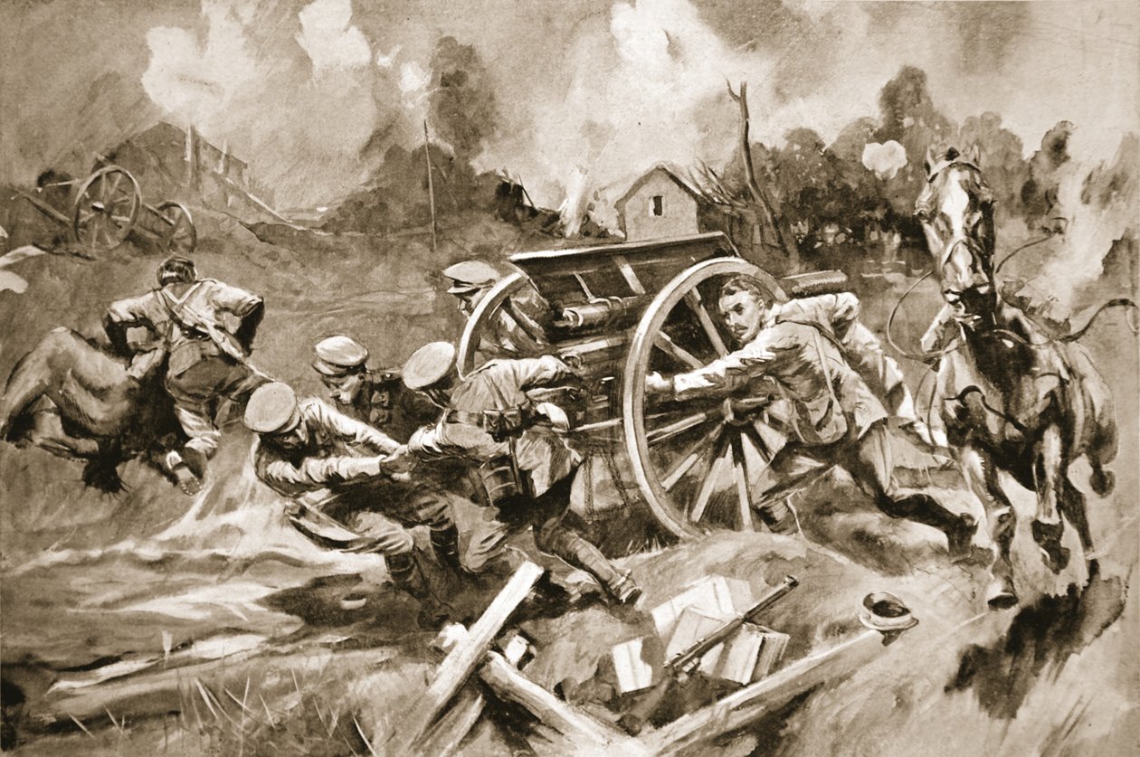 Hufschmied-Sergeant T. Harrison rettet Pferde und Geschütze aus einer unhaltbaren Position unter Granatfeuer, als der kommandierende Offizier verwundet wurde von Howard K. Elcock